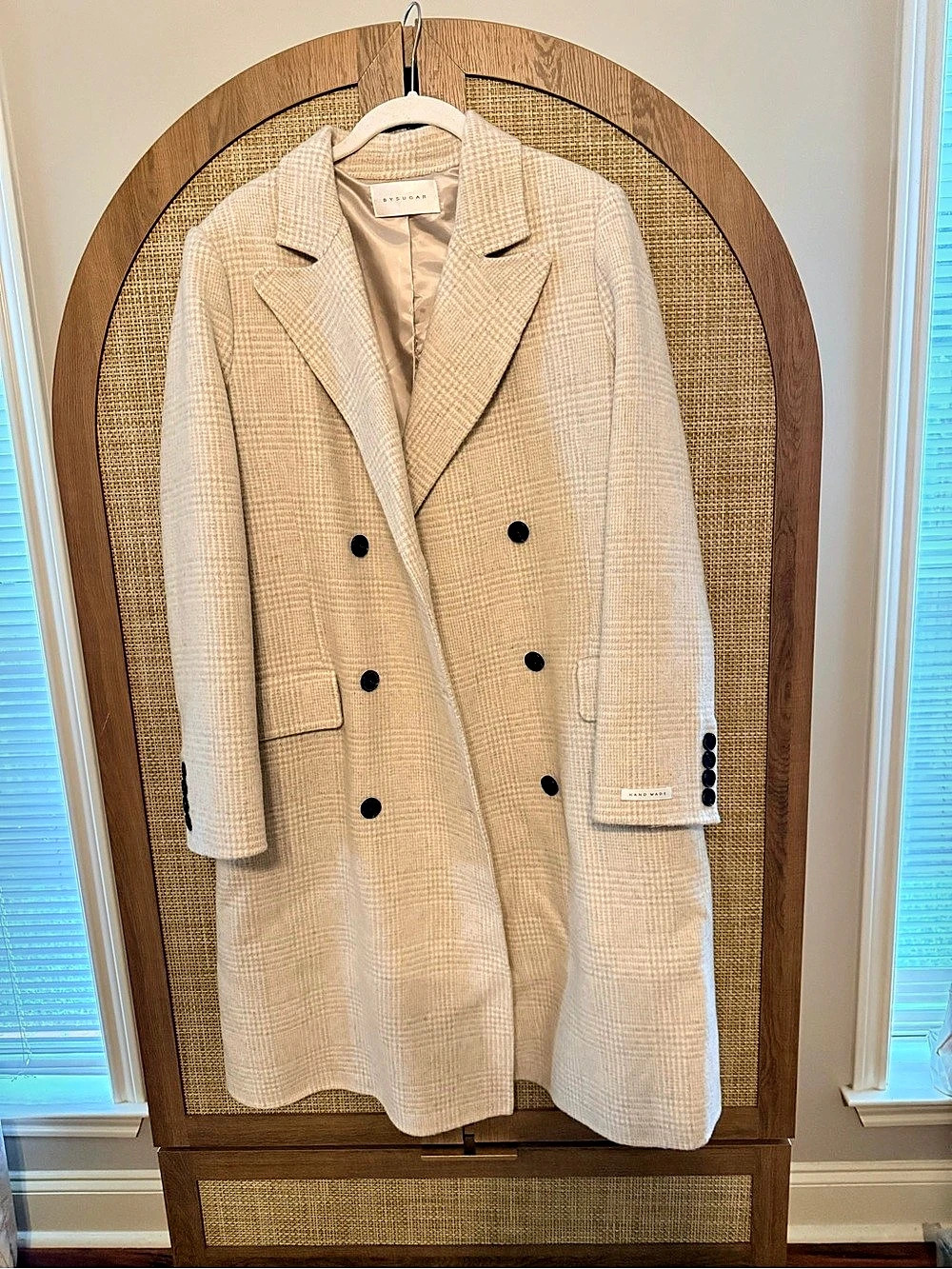 Hand Made Checkered Wool Coat in Cream Like New. Bought in boutique in Seoul, O/